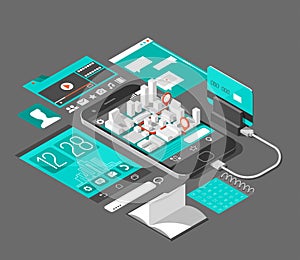 Isometric smart phone interface. Screen with different apps and icons. Map on mobile application