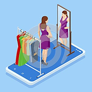 Isometric Smart phone online shopping, clothing store concept. Online shopping e-commerce. Modern shopping app on smart