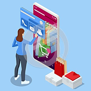 Isometric Smart phone online shopping, clothing store concept. Online shopping e-commerce. Modern shopping app on smart