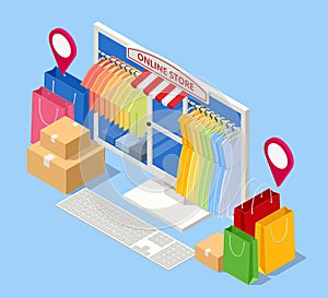 Isometric Smart phone online shopping, clothing store concept. Online shopping e-commerce. Modern shopping app on smart