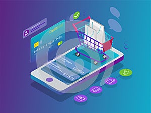 Isometric Smart phone online shopping concept. Online store, shopping cart icon. Ecommerce