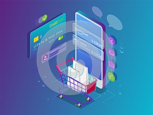 Isometric Smart phone online shopping concept. Online store, shopping cart icon. Ecommerce