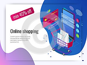 Isometric Smart phone online shopping concept. Online store, shopping cart icon. Ecommerce