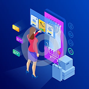 Isometric Smart phone online shopping concept. Online store, shopping cart icon. Ecommerce illustration