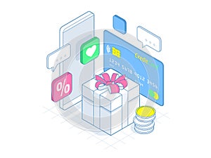 Isometric Smart phone online shopping concept. Online store, shopping cart icon. Ecommerce. Line