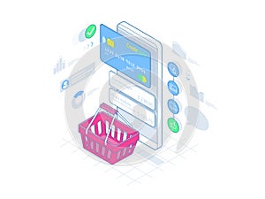 Isometric Smart phone online shopping on lines concept. Ecommerce. Vector illustration
