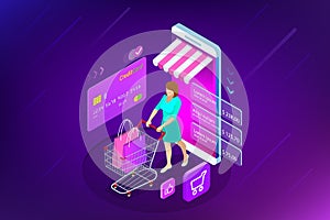 Isometric Smart smartphone online shopping concept. Smartphone turned into internet shop. Mobile marketing and e