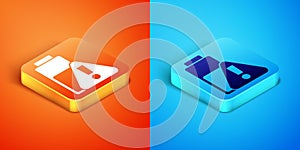 Isometric Smartphone battery charge icon isolated on orange and blue background. Phone with a low battery charge. Vector