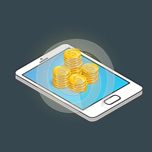 Isometric smartphone with gold coins. Mobile banking and online payment concept. Modern flat 3D vector illustration