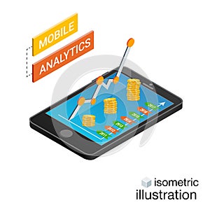 Isometric smartphone with graphs isolated on a white background. Mobile analytics concept. Isometric vector illustration.