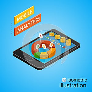 Isometric smartphone with graphs. Mobile analytics concept.