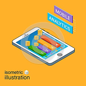Isometric smartphone with graphs. Mobile analytics concept. Modern infographic template. Isometric vector illustration.