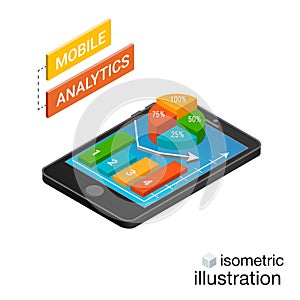 Isometric smartphone with graphs on a white background. Mobile analytics concept. Isometric vector illustration.
