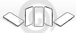 Isometric smartphone mockup. Black mobile phone, modern devices frame and frameless screen smartphones 3D vector