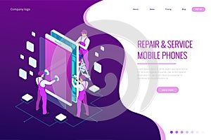 Isometric smartphone repair service concept. Electronics repair service. Same day phone repair landing page website