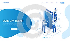 Isometric smartphone repair service concept. Electronics repair service. Same day phone repair landing page website