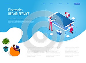 Isometric smartphone repair service concept. Electronics repair service. Same day phone repair landing page website