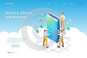 Isometric smartphone repair service concept. Electronics repair service. Same day phone repair landing page website