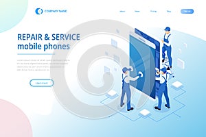 Isometric smartphone repair service concept. Electronics repair service. Same day phone repair landing page website