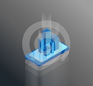 Isometric smartphone vector illustration template with skyscraper buildings coming out of the screen