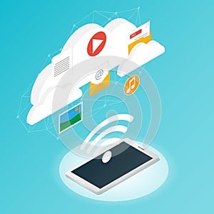 Isometric smartphone wireless network,upload cloud storage vector