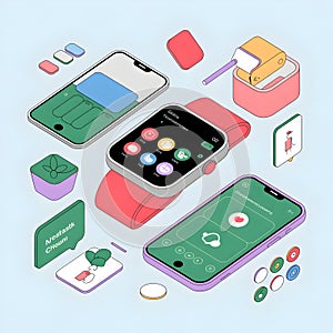 Isometric smartwatch and smartphone app icons and interface elements image