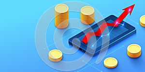 Isometric smrtphone background with coins and growing arrow chart. Earning online