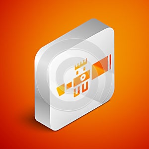 Isometric Sniper optical sight icon isolated on orange background. Sniper scope crosshairs. Silver square button. Vector