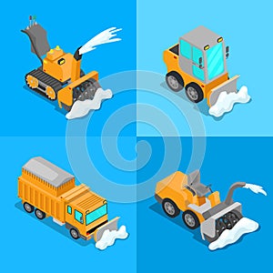 Isometric Snow Removal Transportation Set with Snowplow Truck and Tractor