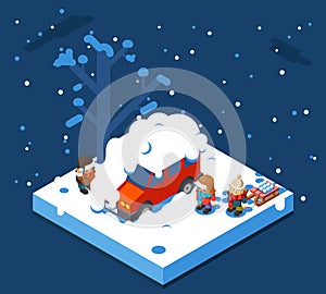 Isometric snowball winter boys walking sleigh snow background flat design vector illustration