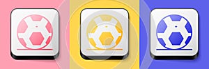Isometric Soccer football ball icon isolated on pink, yellow and blue background. Sport equipment. Square button. Vector