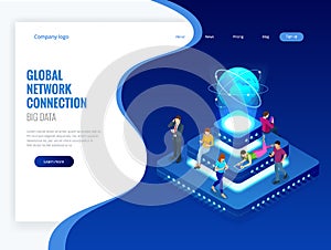 Isometric social network, technology, networking and internet concept. Global network connection, global datas exchanges