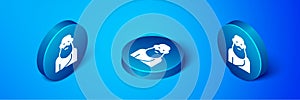 Isometric Socrates icon isolated on blue background. Sokrat ancient greek Athenes ancient philosophy. Blue circle button