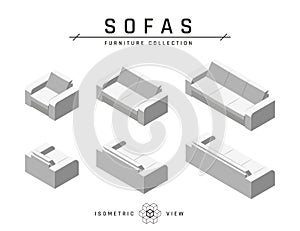 Isometric sofa, set of icons in flat style