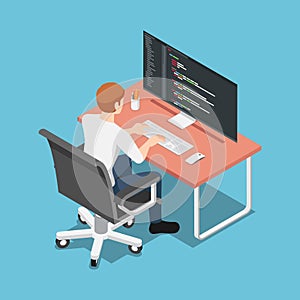 Isometric Software Developer or Programmer Coding on PC Computer