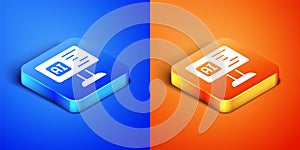 Isometric Software, web developer programming code icon isolated on blue and orange background. Javascript computer