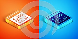 Isometric Software, web developer programming code icon isolated on orange and blue background. Javascript computer
