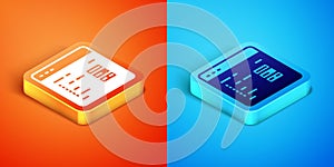 Isometric Software, web developer programming code icon isolated on orange and blue background. Javascript computer
