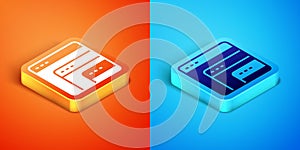 Isometric Software, web developer programming code icon isolated on orange and blue background. Javascript computer