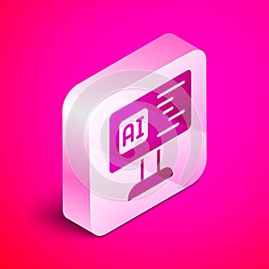 Isometric Software, web developer programming code icon isolated on pink background. Javascript computer script random