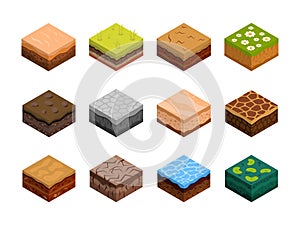 Isometric soil. Land nature surface. 3D ground cubes. Game sand desert. Stone pavement. Grass lawn. Isometry field parts