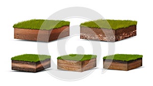 Isometric Soil Layers diagram, Cross section of green grass and underground soil layers beneath, stratum of organic, minerals, photo