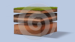 Isometric Soil Layers diagram, Cross section of green grass and underground soil layers beneath, stratum of organic, minerals,
