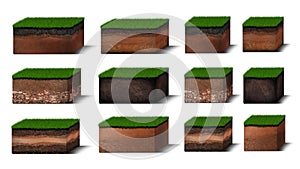 Isometric Soil Layers diagram, Cross section of green grass and underground soil layers beneath, stratum of organic, minerals,