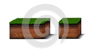 Isometric Soil Layers diagram, Cross section of green grass and underground soil layers beneath, stratum of organic, minerals,