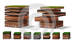 Isometric Soil Layers diagram, Cross section of green grass and underground soil layers beneath, stratum of organic, minerals, photo
