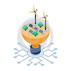 Isometric Solar Cell and Wind Turbine Inside Light Bulb