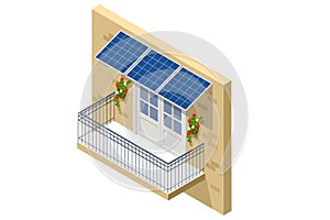 Isometric Solar Panels on Balcony of Apartment. Small Solar Panel energy system. Small Local Solar Panel Energy System