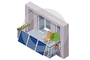 Isometric Solar Panels on Balcony of Apartment. Small Solar Panel energy system. Small Local Solar Panel Energy System