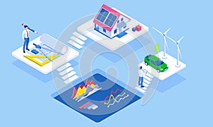 Isometric Solar panels on the roof of a family house. Eco energy and Ecology concept. Green energy an eco-friendly